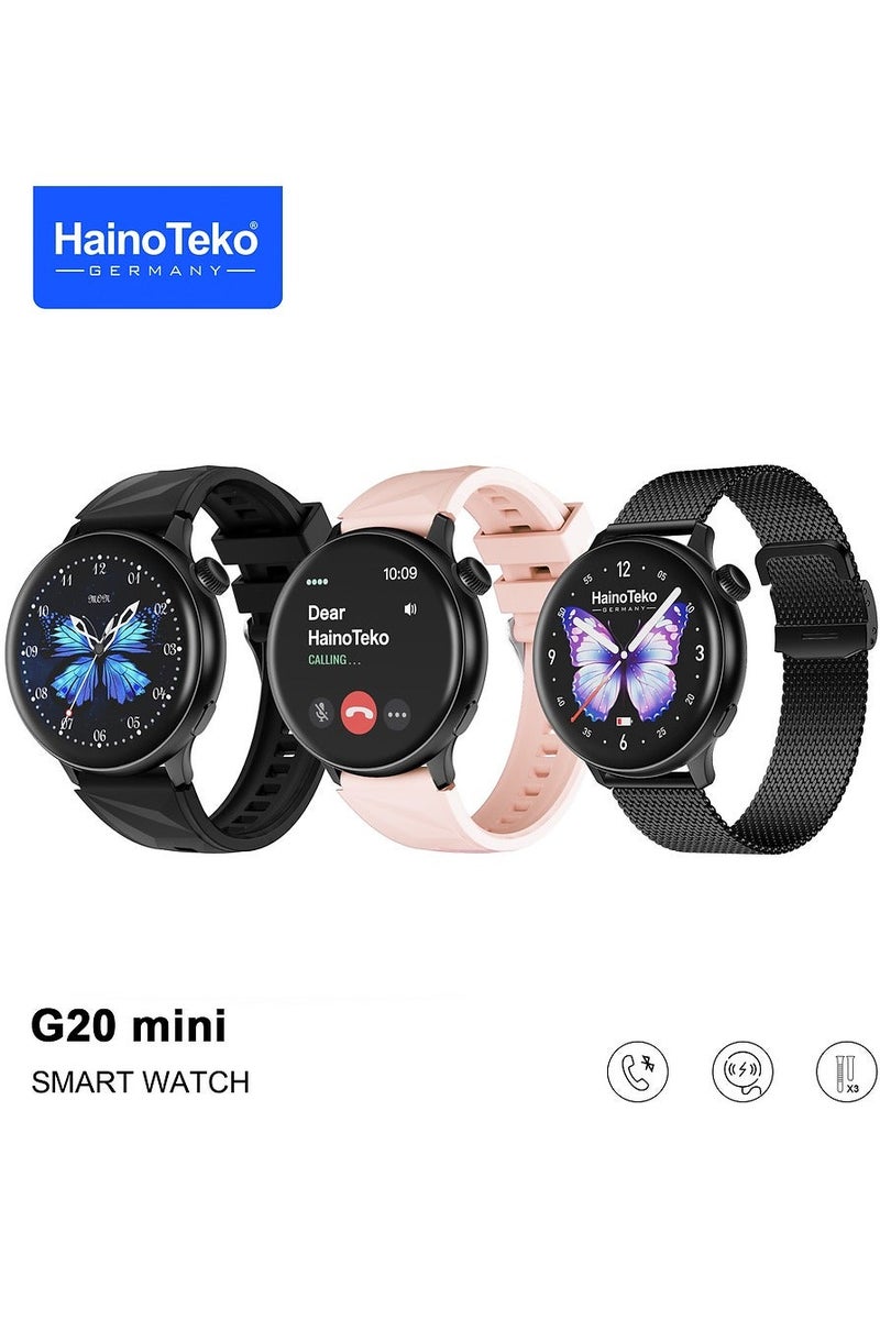 Haino Teko G20 Mini AMOLED Display Smart Watch With BT Call 3 Pair Straps and Charging Cable Designed for Women Black - Image 1